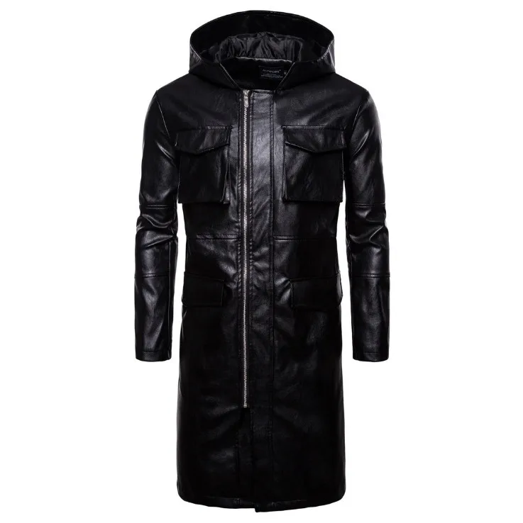 

Men Fashion Hooded Long Windbreaker Jacket England Style Pockets Leather Jackets Male Coat Europe/US Size Tideest Leather Jacket