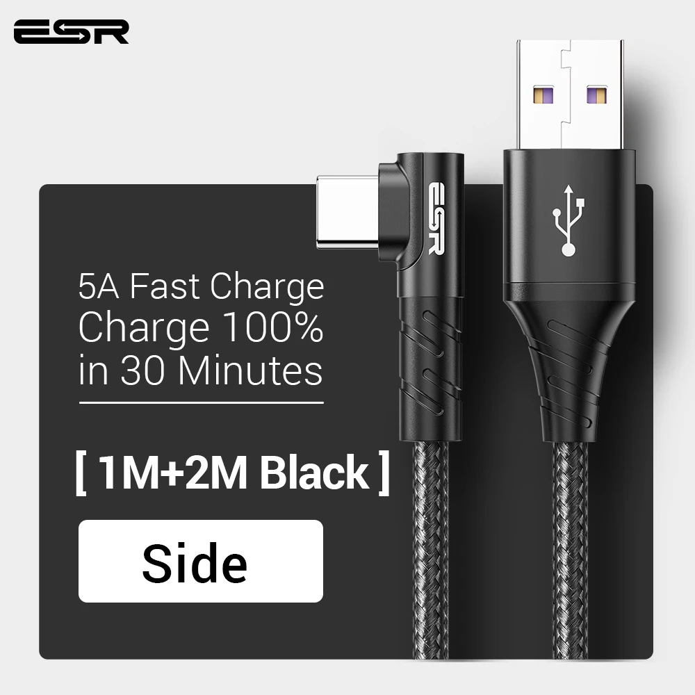 ESR 5A usb type-C кабель 1 м 2 м Быстрая зарядка type-C кабель для huawei P30 P20 mate 20 Pro Phone Supercharge QC3.0 USBC Кабо черный - Цвет: side 1 and 2M