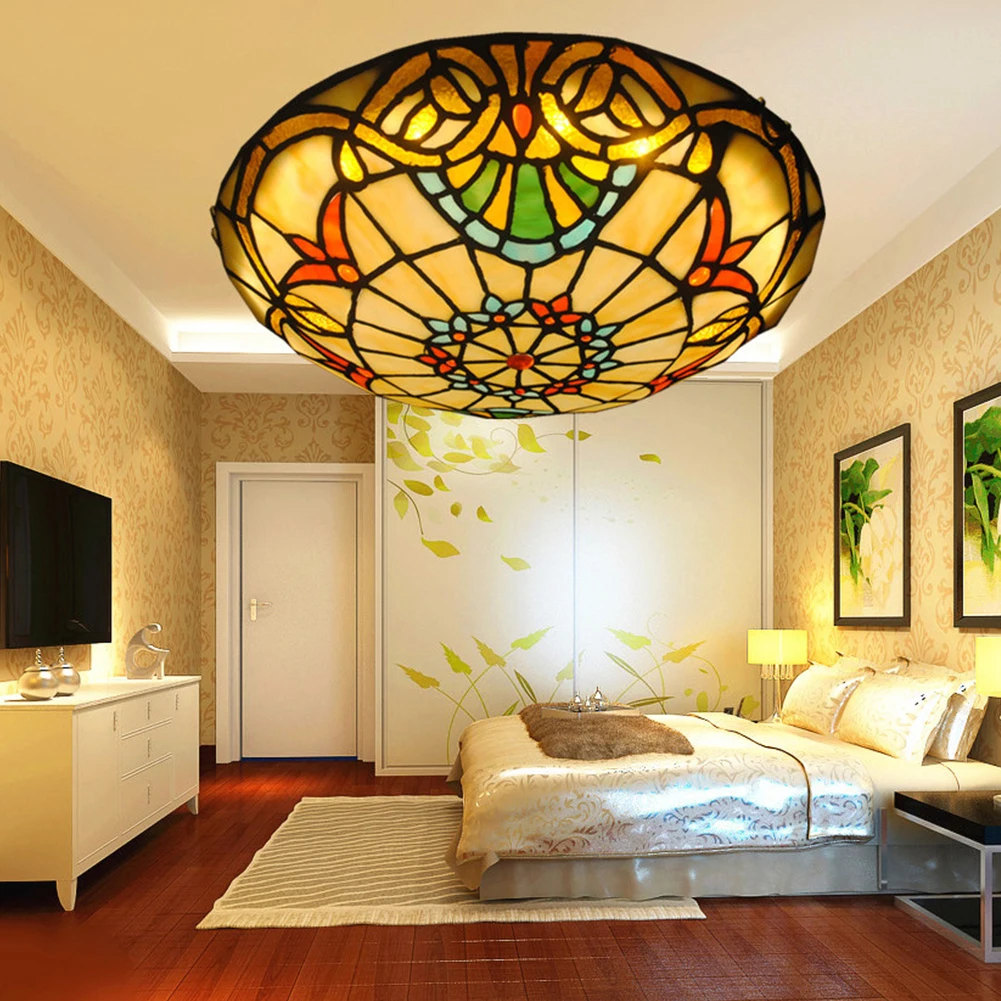 

Living Room Ceiling Light Hall Stained Glass Shade Bedroom Home Decoration Aisle Balcony Fixture Baroque Round Flush Mount Led
