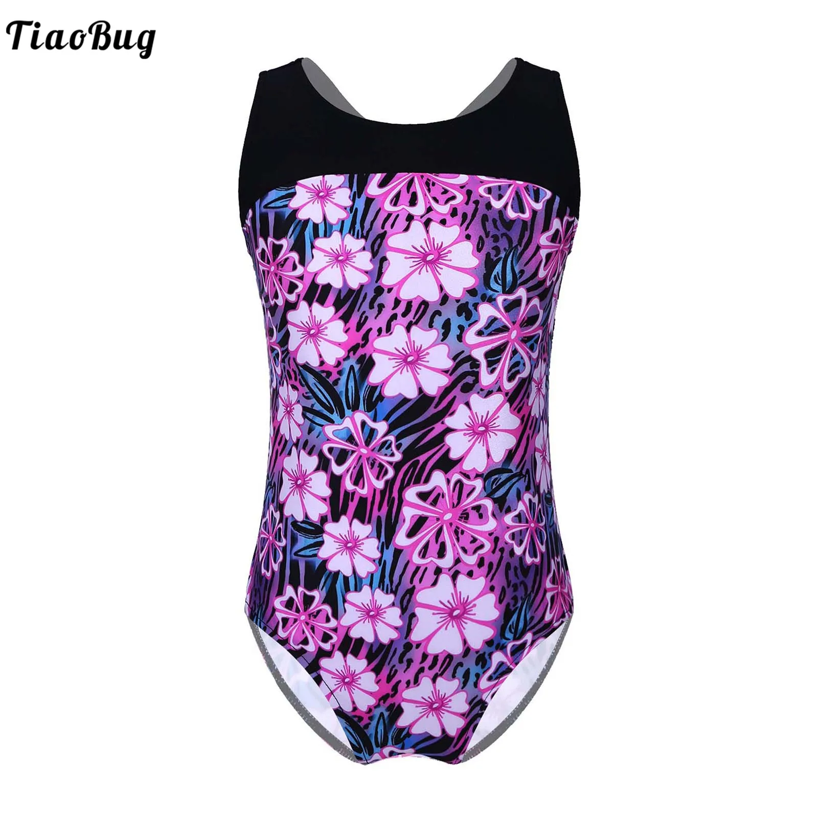 

TiaoBug Summer Kid Girls One-Piece Swimming Jumpsuit Print Swimsuit Round Neck Sleeveless Backless Criss-Cross Beach Swimwear