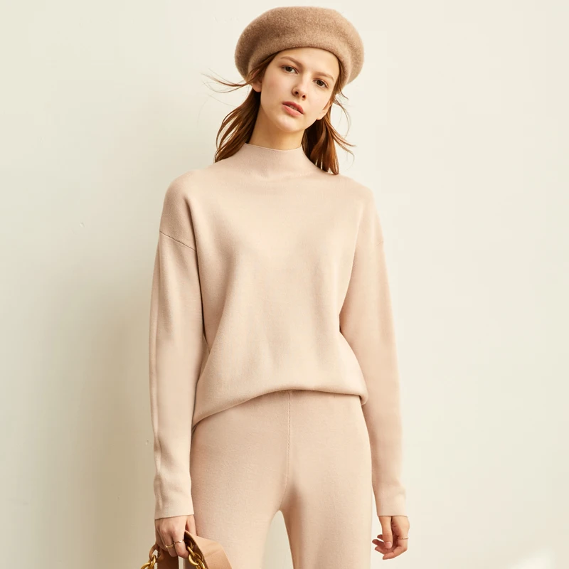 Apricot (top) Amii минималистичный корейский модный вязаный костюм женский осенний свитер с высокой горловиной штаны комплект из двух предметов тренд - Цвет: Apricot (top)