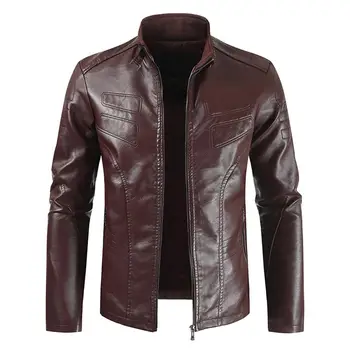 

Fashion Men Jackets Faux Leather Solid Color Stand Collar bomber jackets Long Sleeve Zipper Jacket Coat Autumn chaqueta hombre