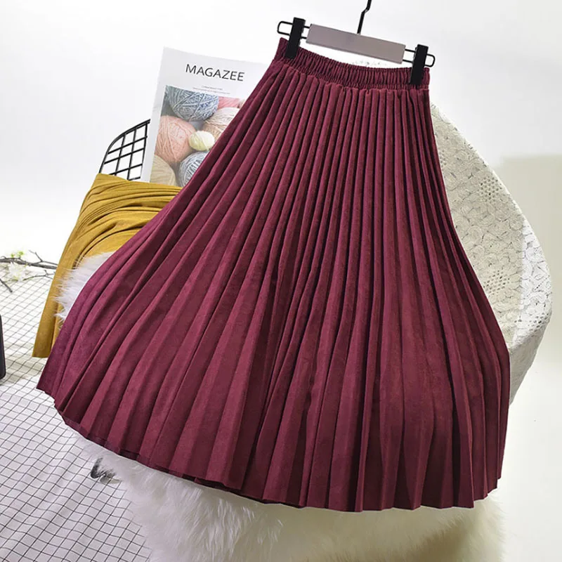 Двухслойная осенне-зимняя женская замшевая юбка, длинная Плиссированная юбка для женщин, s Saias Midi Faldas, винтажная Женская юбка - Цвет: Wine red