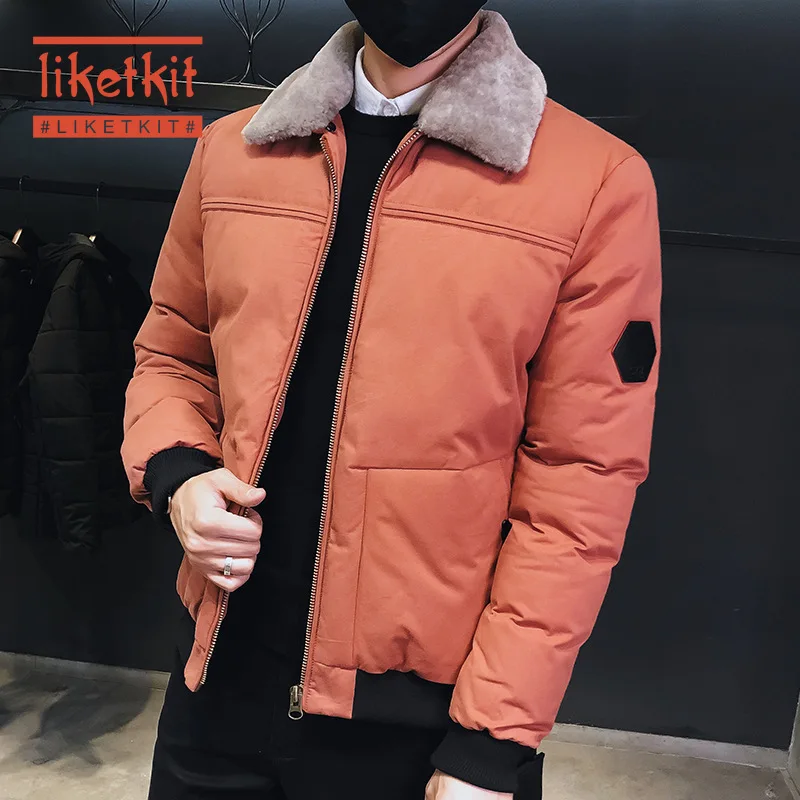 Likrtkit, мужские зимние парки,, мужские, умные, повседневные, одноцветные, толстые куртки, мужские, короткие, тонкие, с отворотом, меховой воротник, корейские теплые пальто