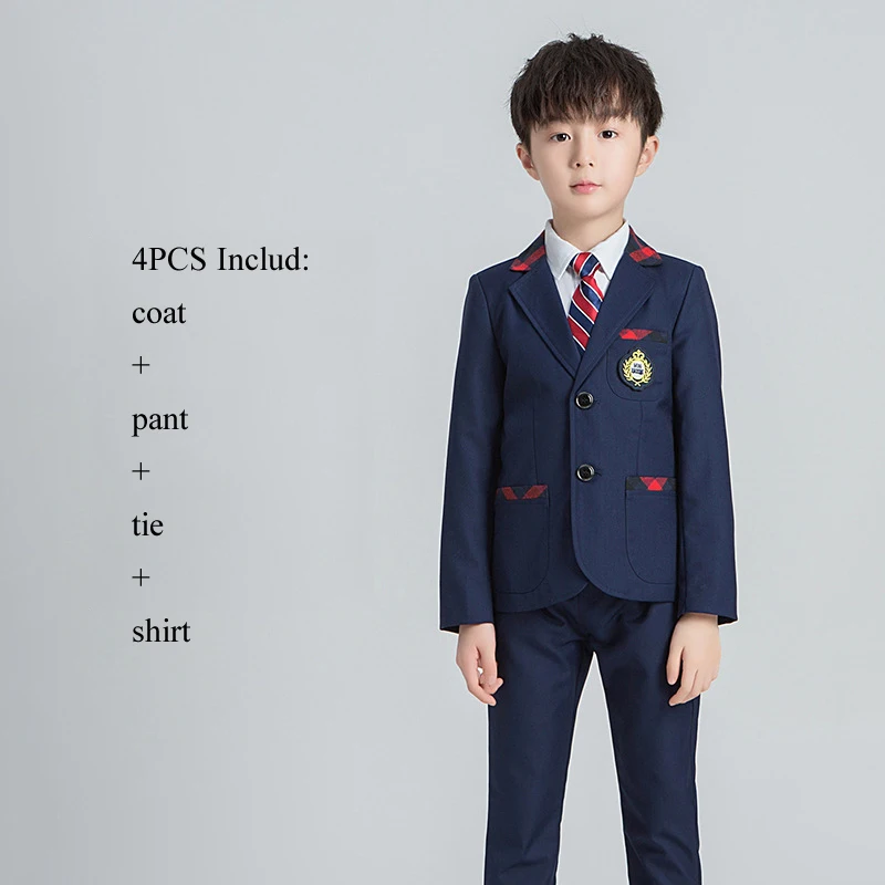 Navy Boy 4PCS 3/4 предмета, блейзер для начальной школы, школьная форма, британский стиль колледжа, Женский костюм для мальчиков, юбка для девочек, платье, костюм, одежда для детского сада - Цвет: Navy Boy 4PCS