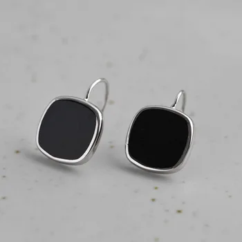 

FNJ Square Black Earrings 925 Silver Original Pure S925 Sterling Silver Stud Earring for Women Jewelry