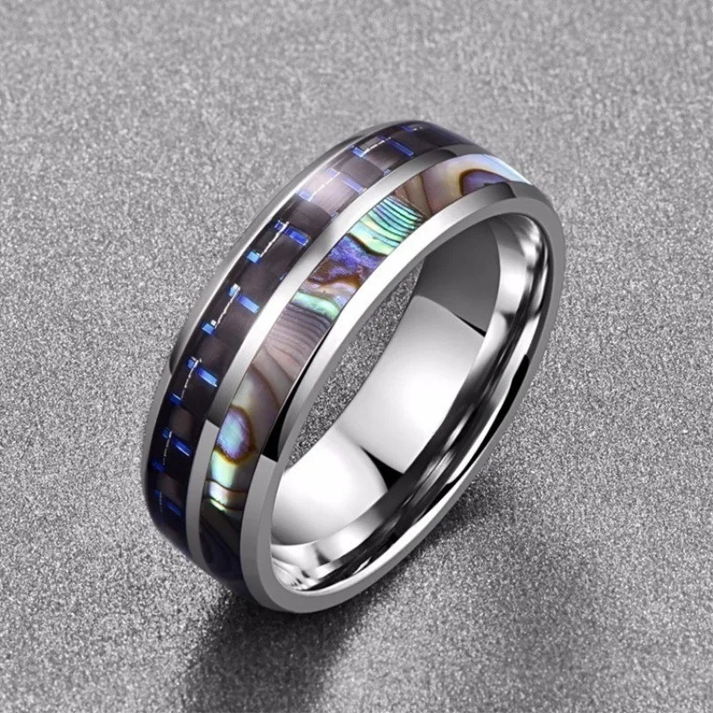 

New Trendy Natual Abalone Shell Men's Stainless Steel Ring 8MM Silver Color Dome Black Blue Carbon Fiber Ring