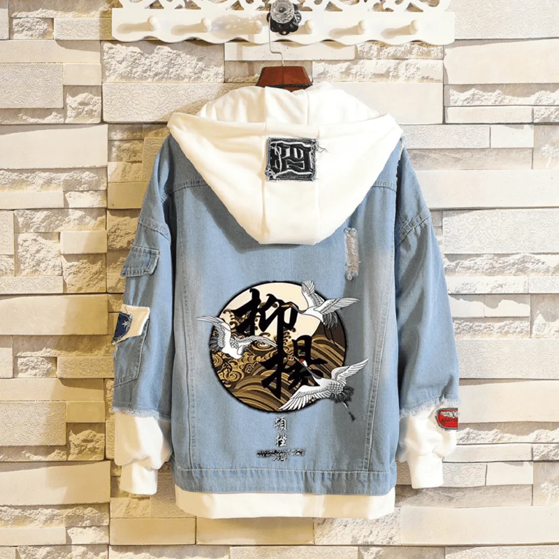 Мужская джинсовая куртка с капюшоном осенняя уличная бомбер имитацией двух