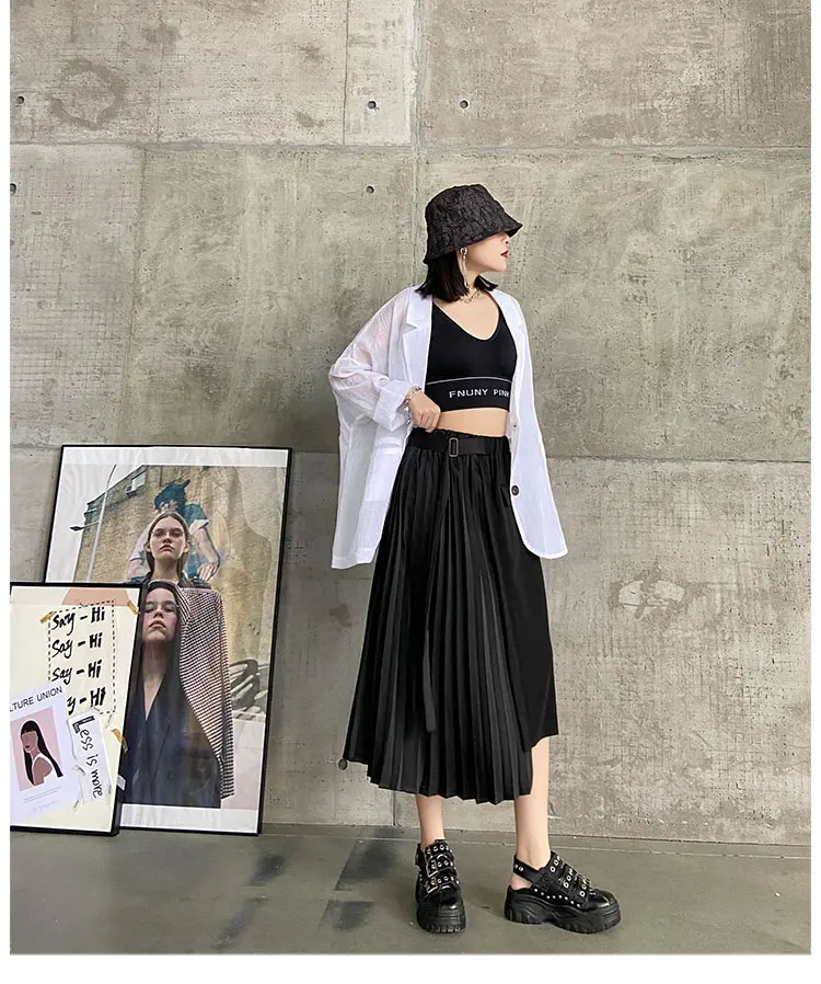 XITAO Irregular Black Skirt Fashion New Women 2020 Elegant Goddess Fan Pleated Pocket Small Fresh Casual Loose Skirt ZP1684