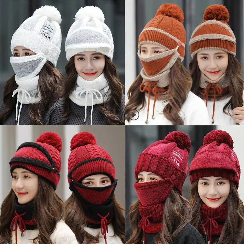 Новинка, вязаный зимний теплый для катания на лыжах, шапка, шарф, набор, женские утепленные шапочки и кольцо, шарф, Женские аксессуары, подарок для девочек Z102