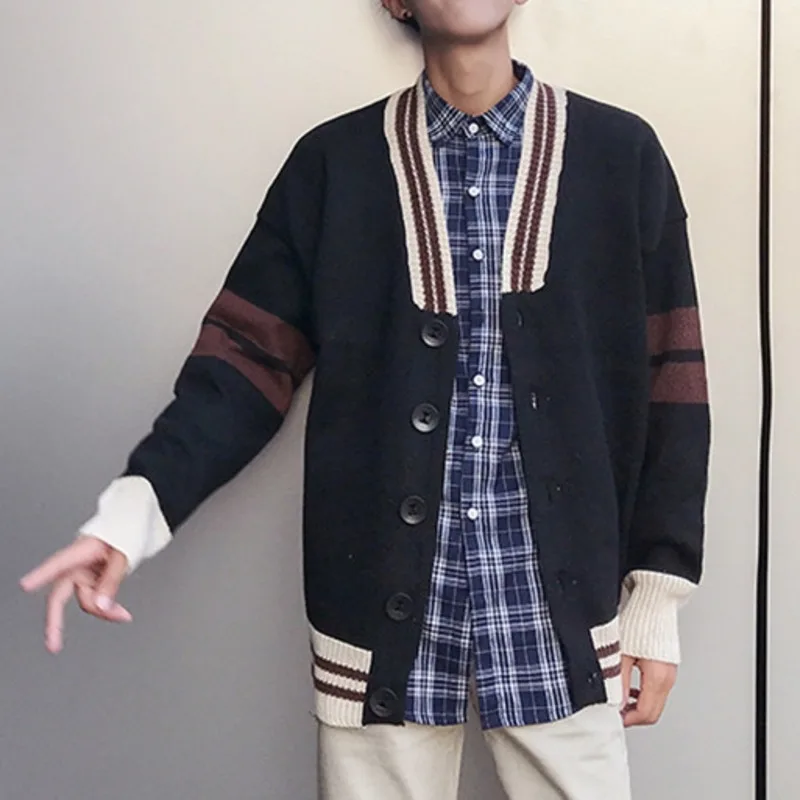 Winter New Cardigan Men Fashion Contrast Color Casual Knit Sweater Man Streetwear Loose Warm Sweater Jacket Male Clothes M-3XL