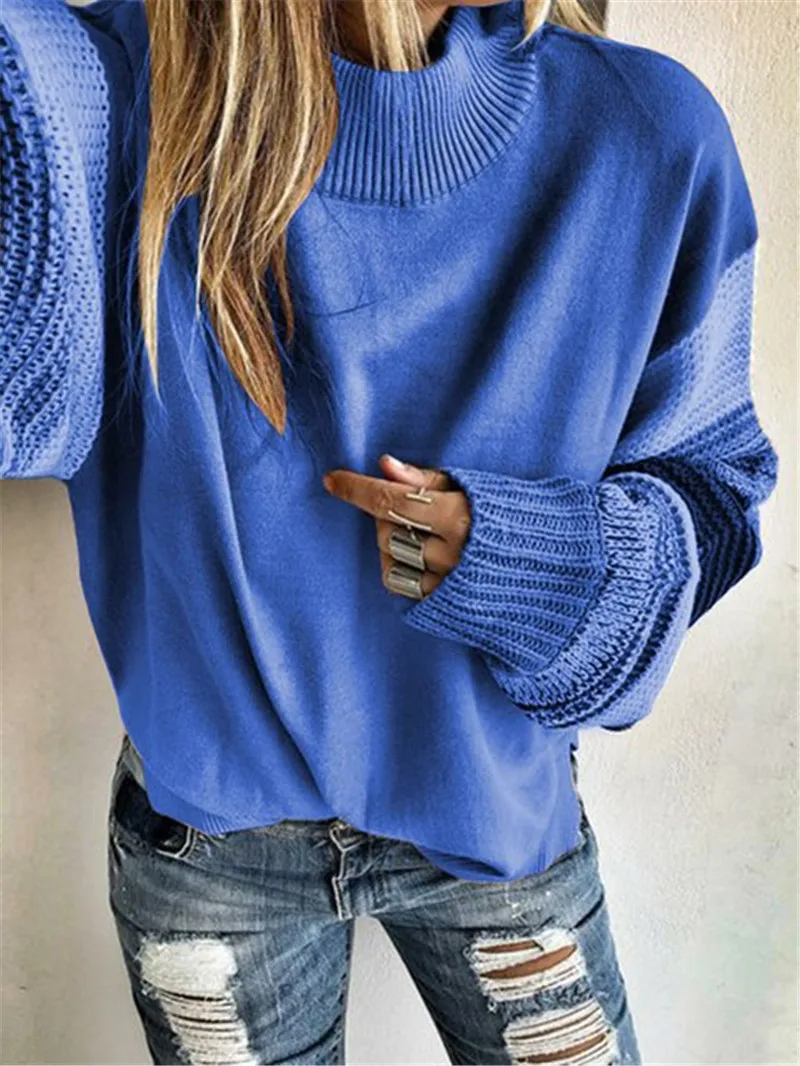 Women Streetwear Sweaters Patchweork Color Matching Design O-Neck Long Sleeve Autumn Winter Casual Loose Knitted Pullovers Top - Цвет: Синий