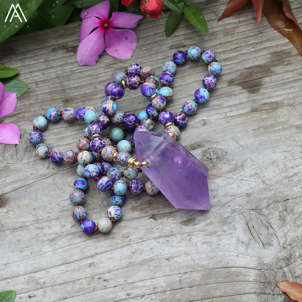 Natürliche Amethyst-Stein-Halskette mit Doppelspitzen-Anhänger, Meeressediment-Jaspis-Perlen, Handgeknüpfte Halskette, Yoga-Schmuck, Boho-Geschenk – Detail 17