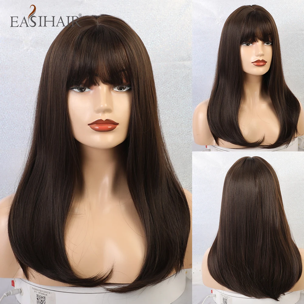 

EASIHAIR Long Straight Wigs With Bangs For Black Woman Ombre Brown High Density Natural Hair Heat Resistant Synthetic Hair Wigs