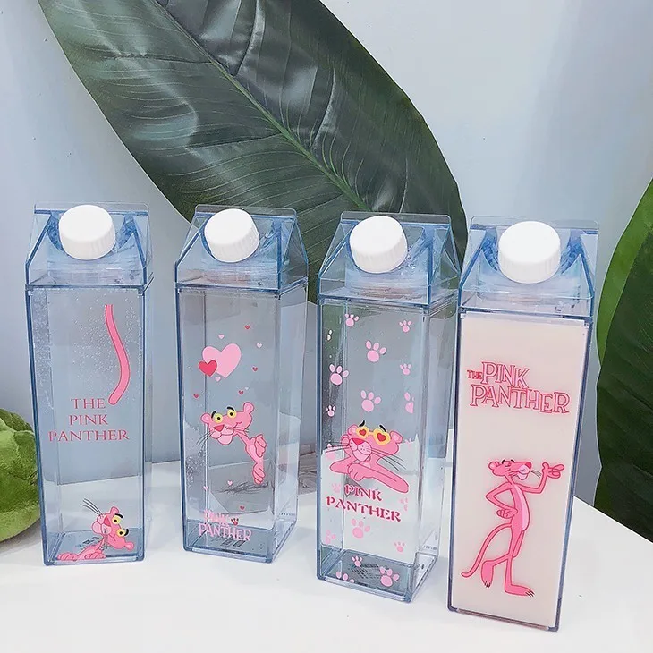 

Cute Water Bottles Milk Box Shape Transparent Plastic Cartoon Pink Print Drink Juice Bottle Fresh Keeping Storage Bottle 1pc