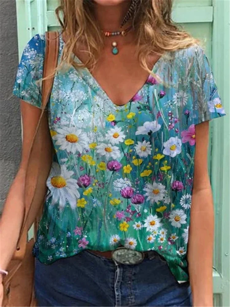 2021 nova mulher abstrata impresso topos & t-shirts com decote em v casual manga curta plus size solto moda blusa