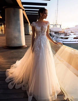 

Ruby Bridal Champage Tulle Bridal Gown Long A-line Wedding Dresses 2020 Sleeveless Boho Bridal Gown Sweep Train vestido de noiva
