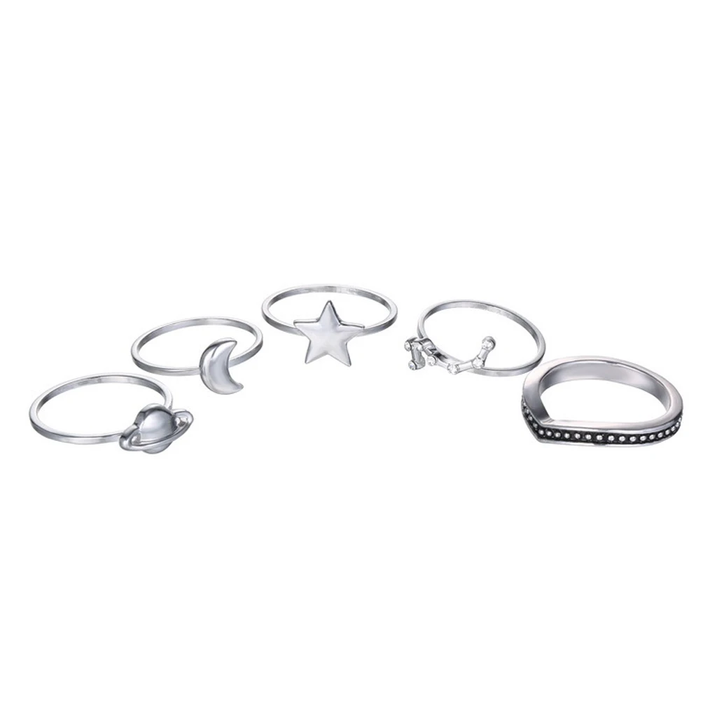 5 pcs Gothic Crystal Stack Above  Sun Moon Heart Midi Finger Ring Ancient silver color