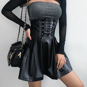 

Women High Waist Pleated Skirt Knee Tighten The Waist Women Leather Slim Style Black Bandage Faux Leather Mini Pleated 2020 New