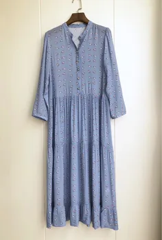 

Women Blue Horse Animal Print Long Sleeve Stand Collar Pleated Cute Loose Long Dress