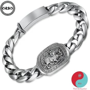 

Retro Buddhist Men lucky Real Pure S925 sterling silver bracelet Cuban Chain bracelets chinese buddha Pixiu mens Fine Jewelry