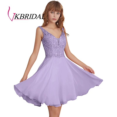 Lavender VKbridal реальное изображение трапециевидной формы мини длина кружевные Выпускные платья для кристалл для девушки Иллюзия глубокий v-образный вырез шифон Короткие платья для выпускного вечера - Цвет: Lavender