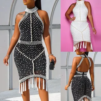 

Women Fashion Sexy Sleeveless Pearl Turtleneck Tassels Slim Backless Mini Dress Sundress Clothes 2020 Платья Женские