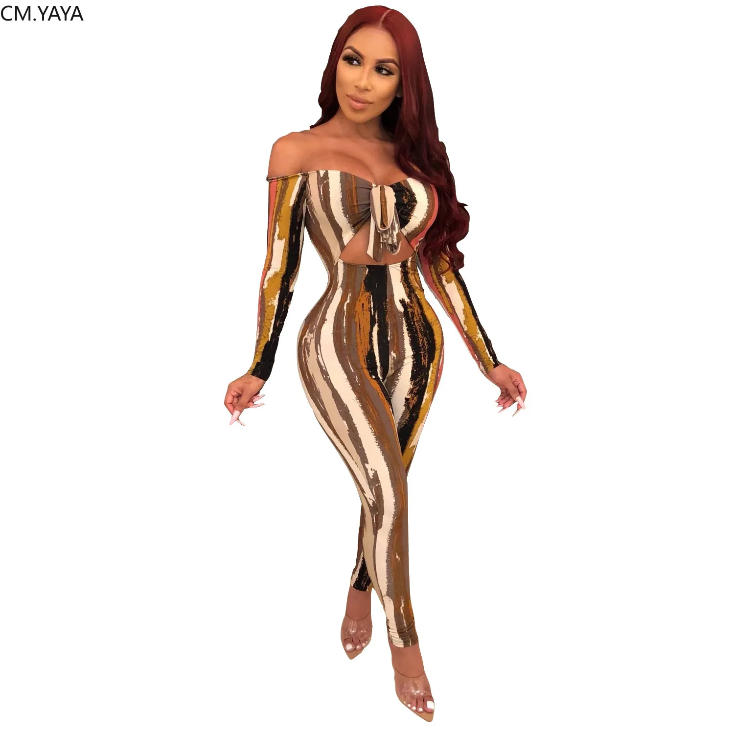 2019 краска для женщин полосы печати bodycon opff плеча с длинным рукавом вырезанный