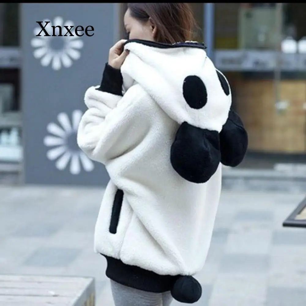 Winter Warm Hoodie Sweatshirts Women Lovely Plush Coat Hooded  Japanese panda coat teddy fox zipper panda ears student daughter