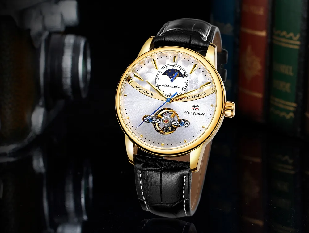 Forsining механические часы для мужчин Автоматический Tourbillon Moon Phase нержавеющая сталь Группа бизнес часы Relogio мужские часы