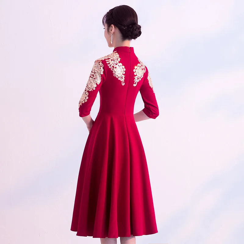 Бургундские вечерние женские платья Cheongsam в китайском стиле, элегантные длинные платья с воротником-стойкой, Vestido XS-XXXL