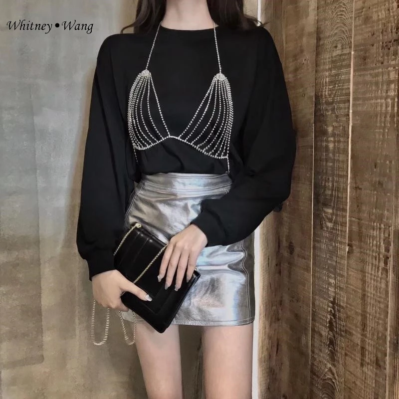 WHITNEY WANG Осенняя мода уличная 2 шт. Bling Алмазы грудь Лоскутная Толстовка женские толстовки пуловер