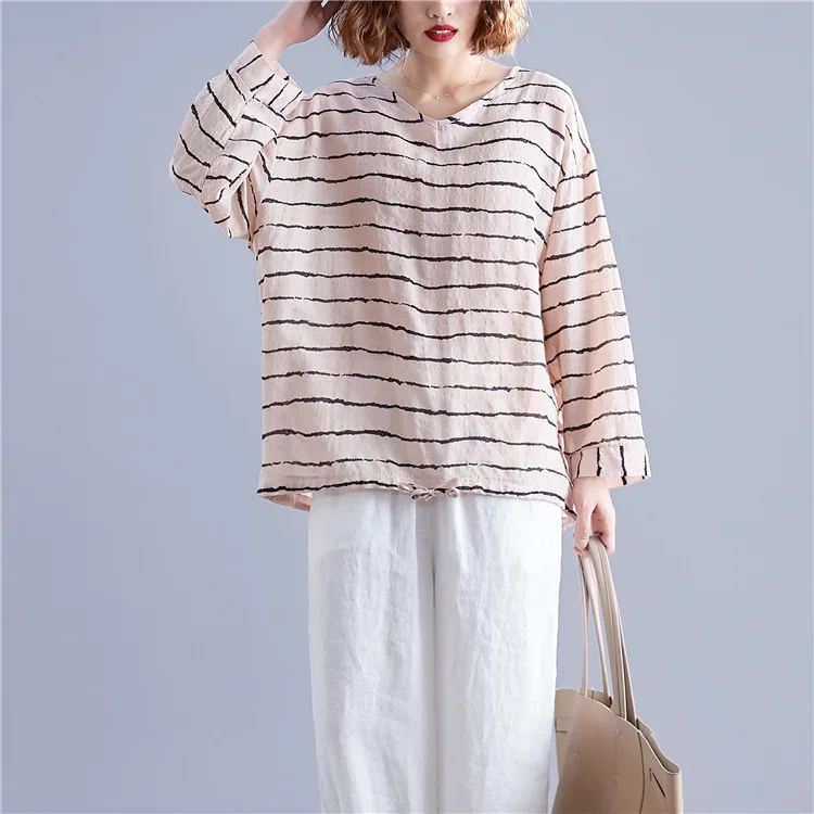 Johnature, новинка, корейский стиль, полосатый v-образный вырез, длинный рукав, подходит ко всему, Женский Топ, футболка, осень, простая удобная модная женская футболка