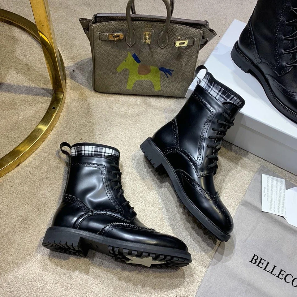 

BELLECOM 2019 Autumn and Winter New Type Locomotive Boots Women's British Retro Shoes True Leather Block Carved Martin Boots