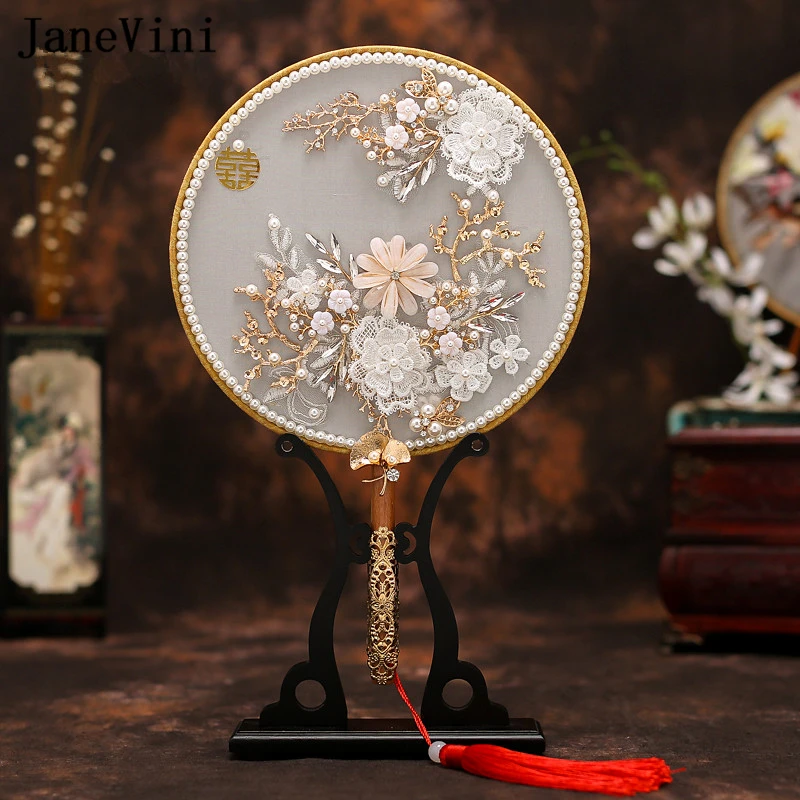janevini-高級中国ジュエリーブライダルファンブーケ真珠アップリケ手作り花メタルラウンドハンドファン結婚式のアクセサリー