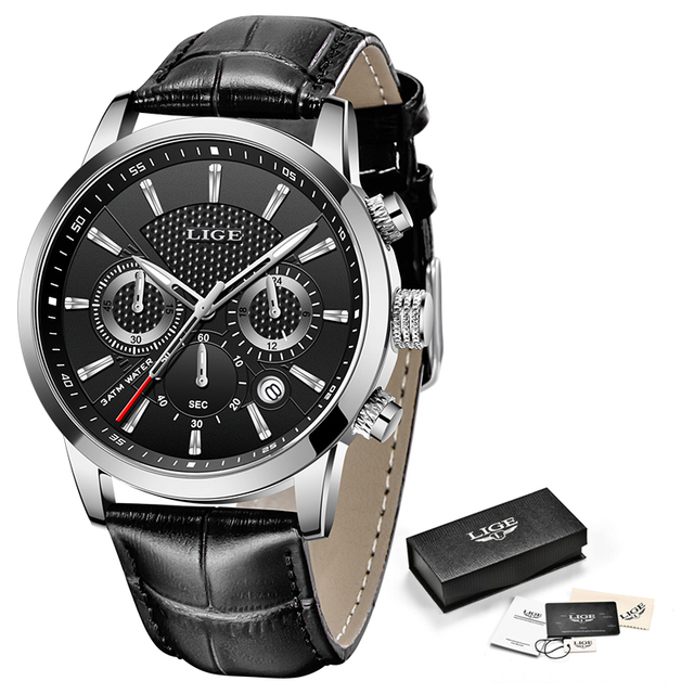 New Mens Watches LIGE Top Brand Leather Chronograph Waterproof Sport Automatic Date Quartz Watch For Men Relogio Masculino