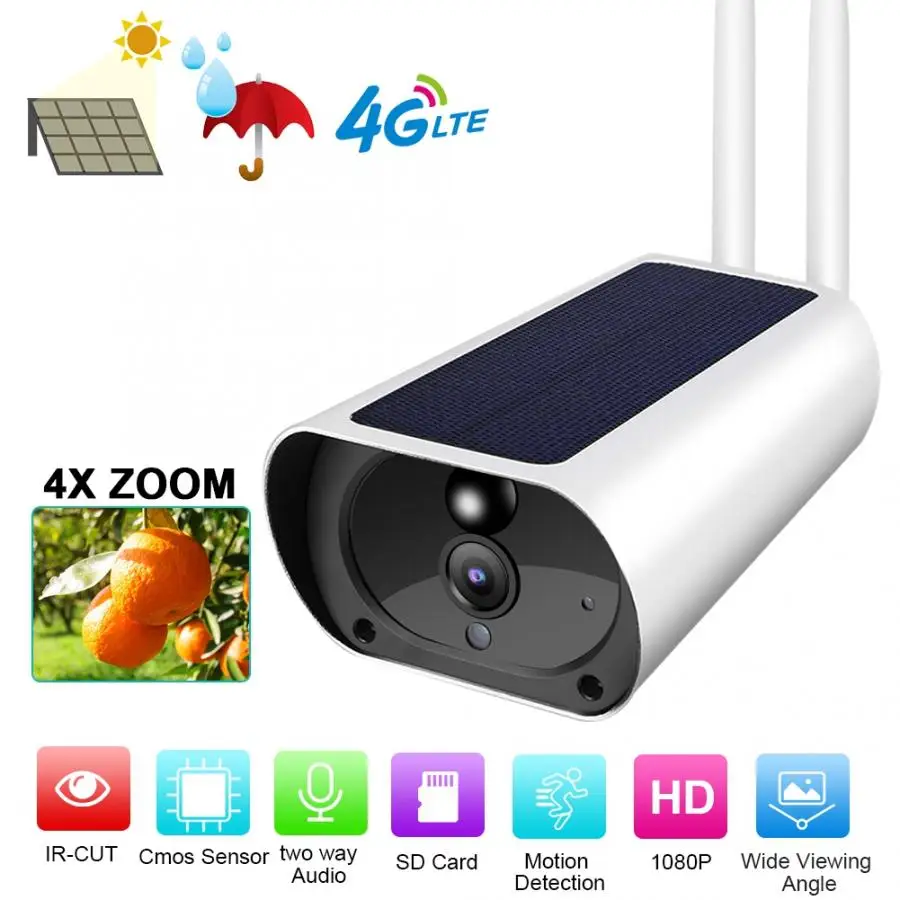 

4 X Zoom Outdoor 1080P Wireless Wifi 4G Solar Camera Powered IP67 Waterproof Security CCTV Camera for ONVIF with Solar Panel