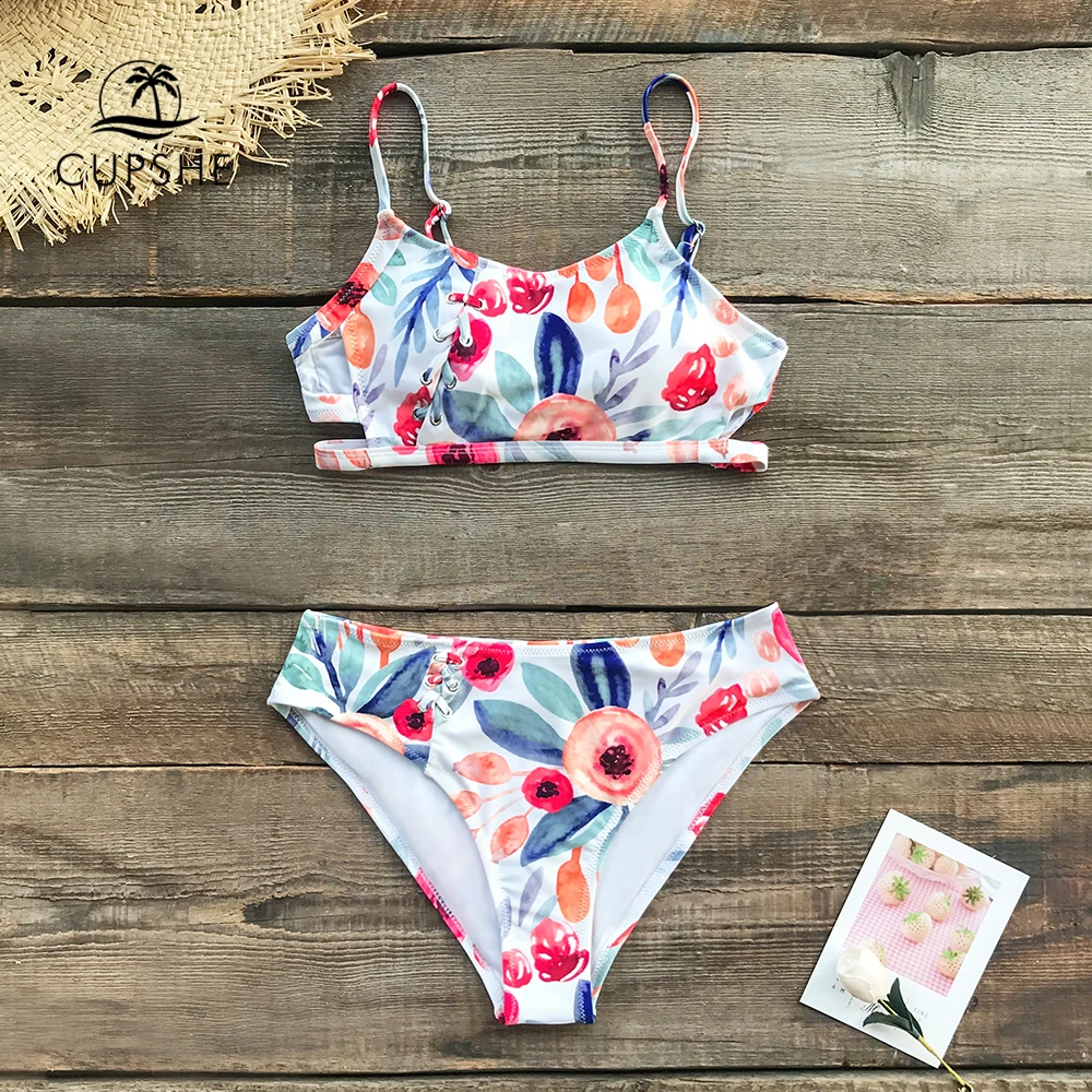 CUPSHE Watercolor Floral Cutout High-Waisted Bikini Sets Sexy Swimsuit Two Pieces Swimwear Women Beach Bathing Suits