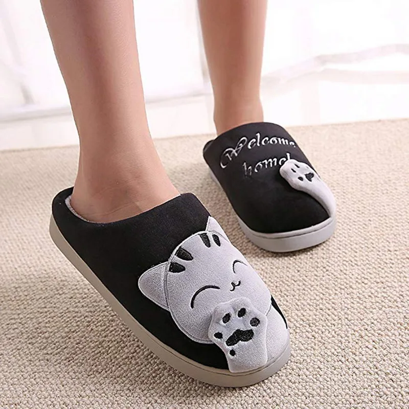 MoneRffi Women Indoor Winter Slippers Unisex House Slippers Lucky Cat Soft Slip On Slippers Fluffy Fur Warm Shoes Buty Damskie
