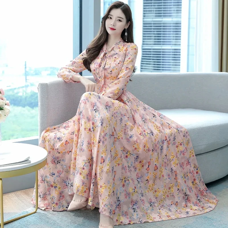 

Корейское модное элегантное платье с цветочным принтом, женское винтажное платье больших размеров, высокое качество, шифоновое платье макси, женская пляжная одежда в стиле бохо
