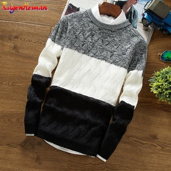 

Men's Autumn Winter Casual Long Sleeve Sweater Men Fashion Korean Style Slim Knitted Sweater O-Neck Striped Slim Knittwear