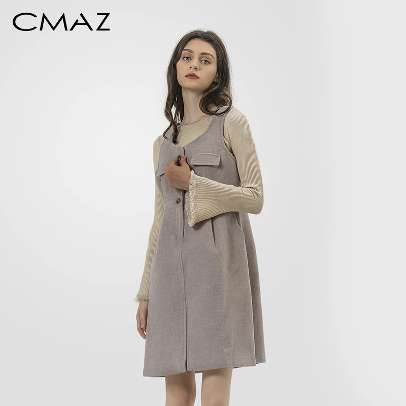 

CMAZ Autumn Winter Uneck Vest Dress Female New Version of the Self-cultivation Mid-long Winter Strap MX18D1062