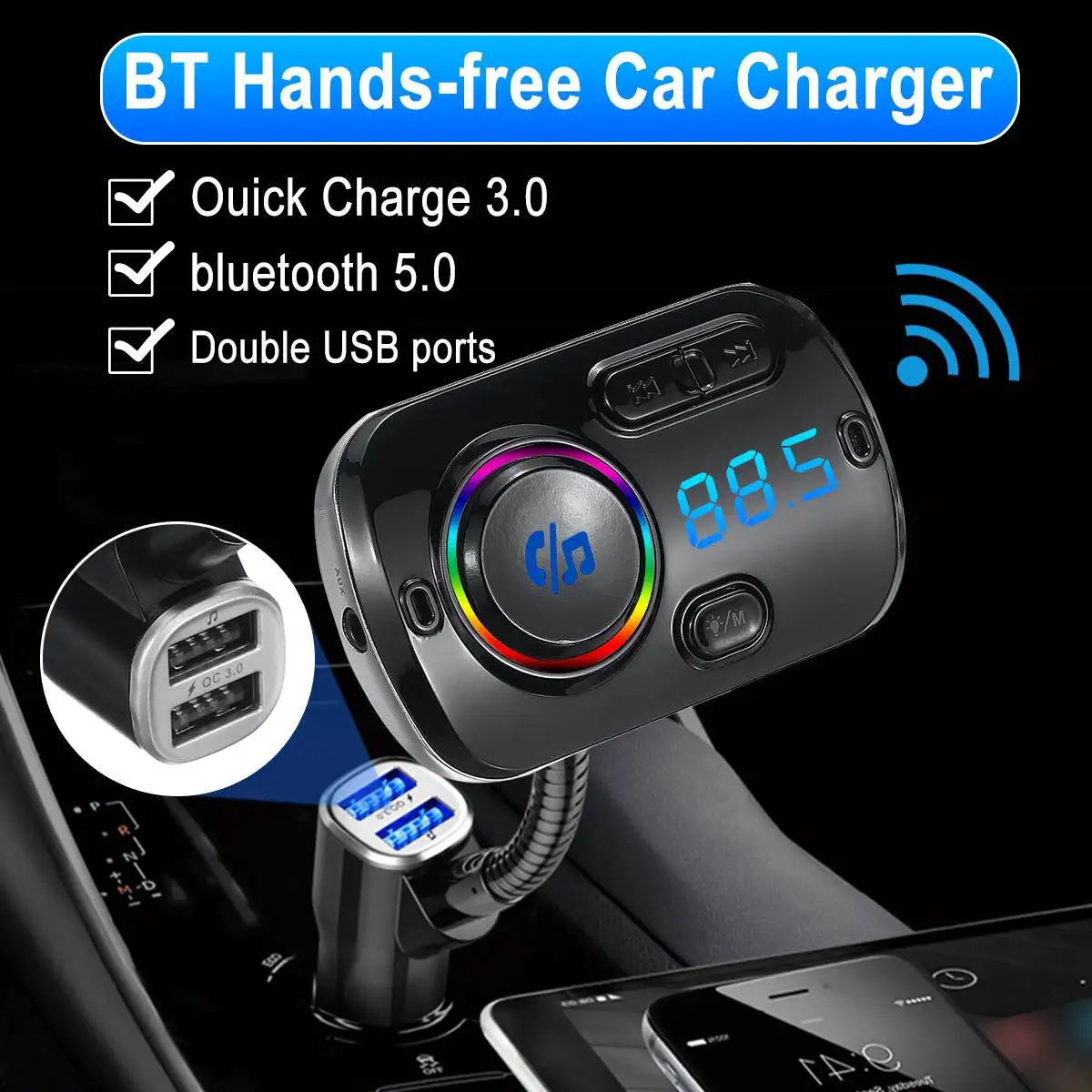 Bluetooth 5,0 fm-передатчик громкой автомобильный комплект MP3 плеер быстрой зарядки 3,0 Dual USB Зарядное устройство с U диск TF Siri Функция