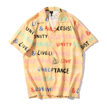 

Summer Men Shirt рубашка Beachwear Fashion Letter Cartoon Shirts Casual Short Sleeve Beach Tops Loose Casual Blouse Free Ship