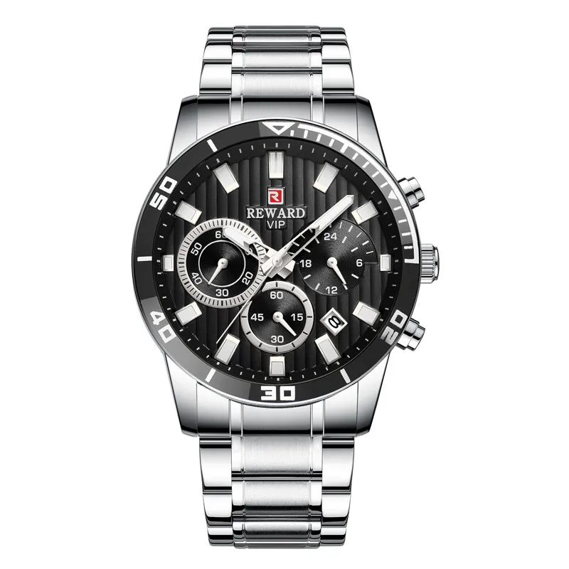 silver-black Награда новые часы мужские роскошные Relojes три глаза часы многофункциональные спортивные календари стальной ремень мужские наручные часы Relogio - Color: silver-black