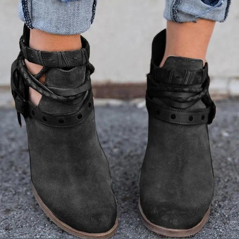 Houlife Vintage Suede Solid Color Ankle Women Boots  High Heels Rivet Buckle Spring Autumn Ladies Short Boots Fashion Shoes