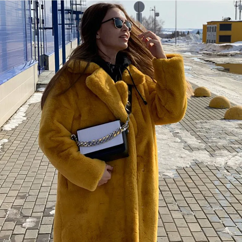 Зимнее женское длинное шерстяное пальто с кроличьим мехом, Свободное пальто с отворотом, толстое и теплое женское плюшевое пальто большого размера - Цвет: Orange