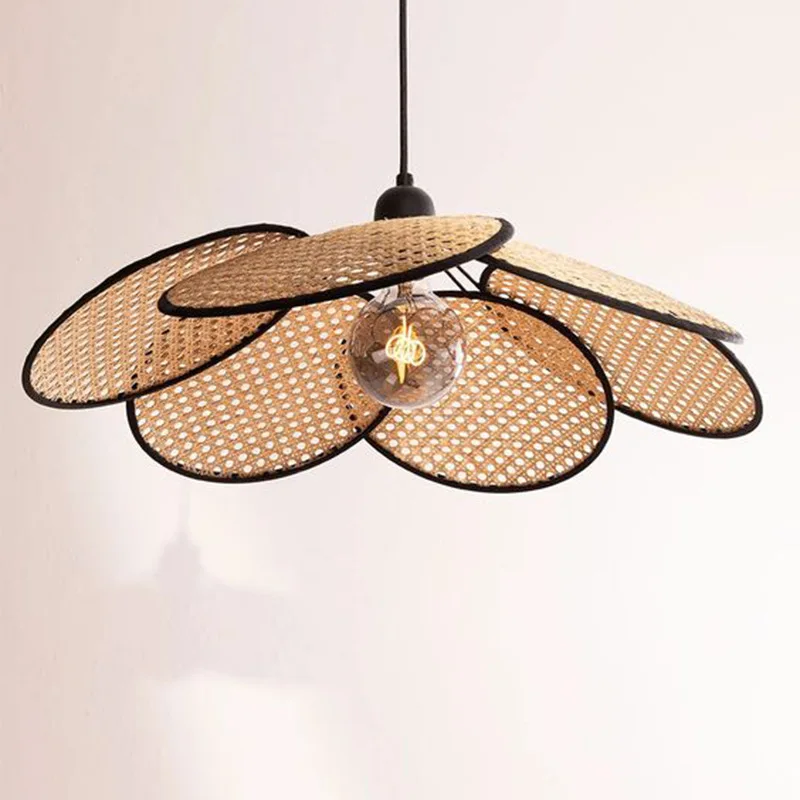 Rattan Chandelier Wicker Suspension Lamp Screen Cannage Kitchen Wood Bamboo e27 Creative Leaf Grid Hand designer lamp