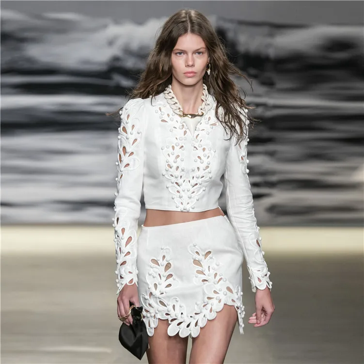

2019 Autumn new arrive white color hollow out 2 pcs sets tops+skirts