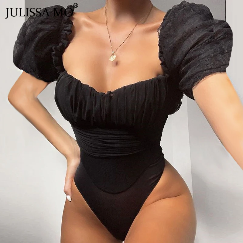 JULISSA MO Black Dot Mesh Sexy Bodysuit Women Tops Elegant Puff Sleeve Square Collar Bodysuits Autumn Skinny Party Overalls 2019 JULISSA MO Black Dot Mesh Sexy Bodysuit Women Tops Elegant Puff Sleeve Square Collar Bodysuits Autumn Skinny Party Overalls 2019